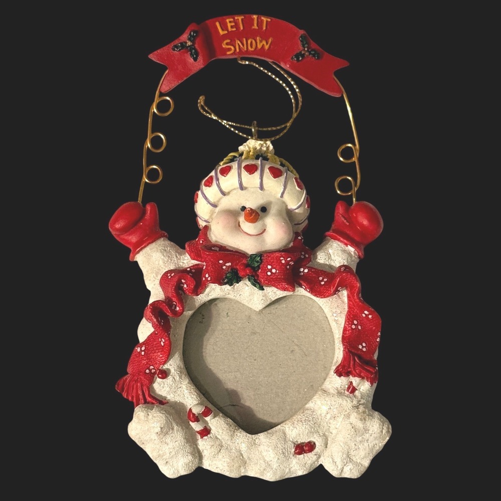 Snowman Let It Snow Heart Photo Frame Christmas Ornament White Glitter 5.5" *